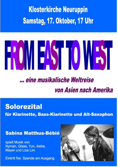 Reisen Sie mit Sabina Matthus-Bébié musikalisch von Ost nach West - am 17. Oktober in der Klosterkirche!
