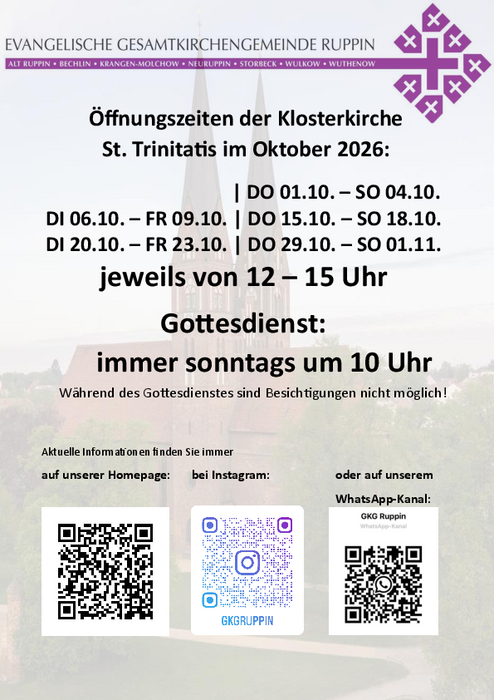 Öffnungszeiten der Klosterkirche im Oktober 2026