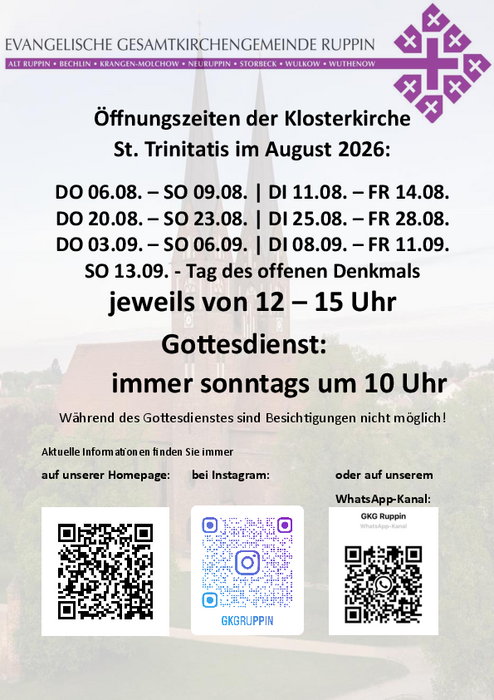 Öffnungszeiten der Klosterkirche im August 2026